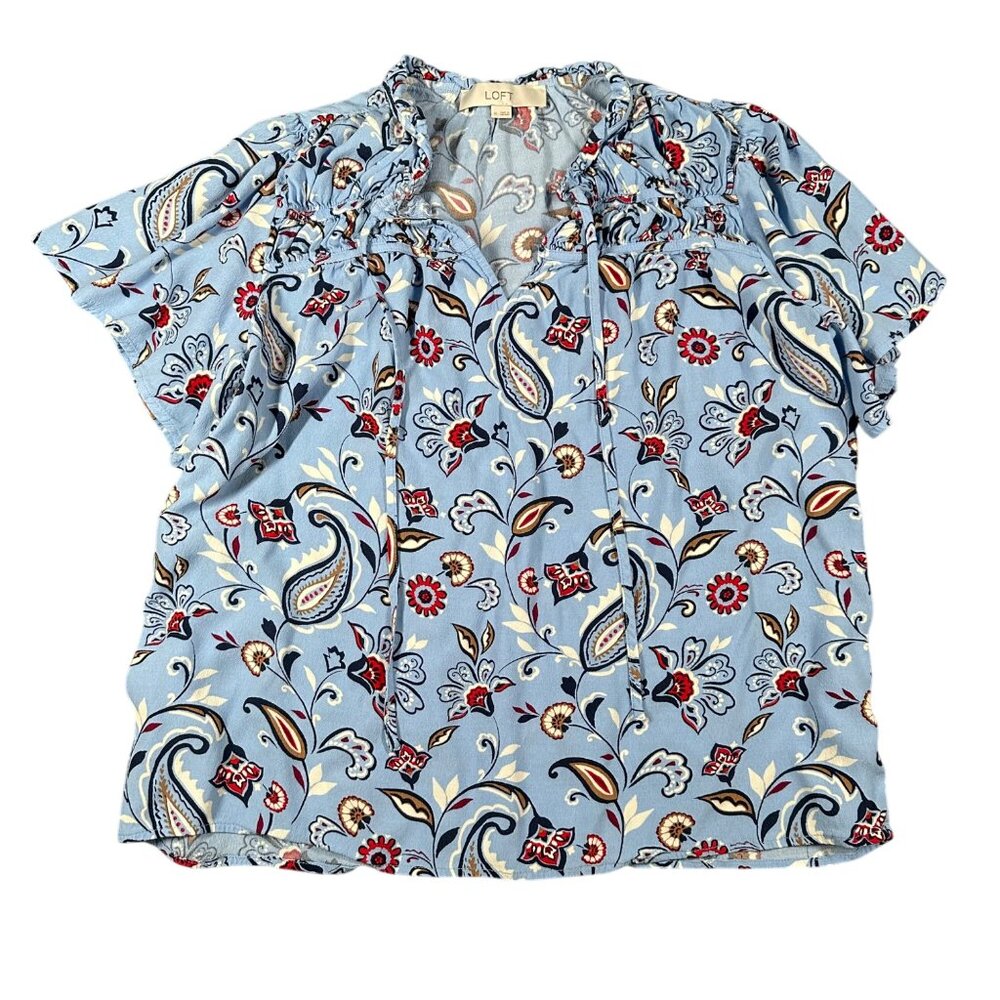 LOFT Womens M Light Blue‎ Paisley Ruched Ruffle Tie Neck Top Blouse Lightweight